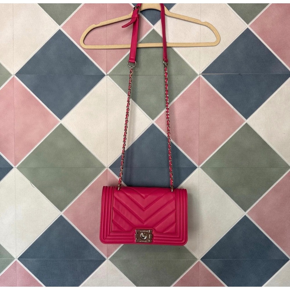 Badgley Mischka Hot Pink Chevron Quilted Crossbody Bag Silver Hardware